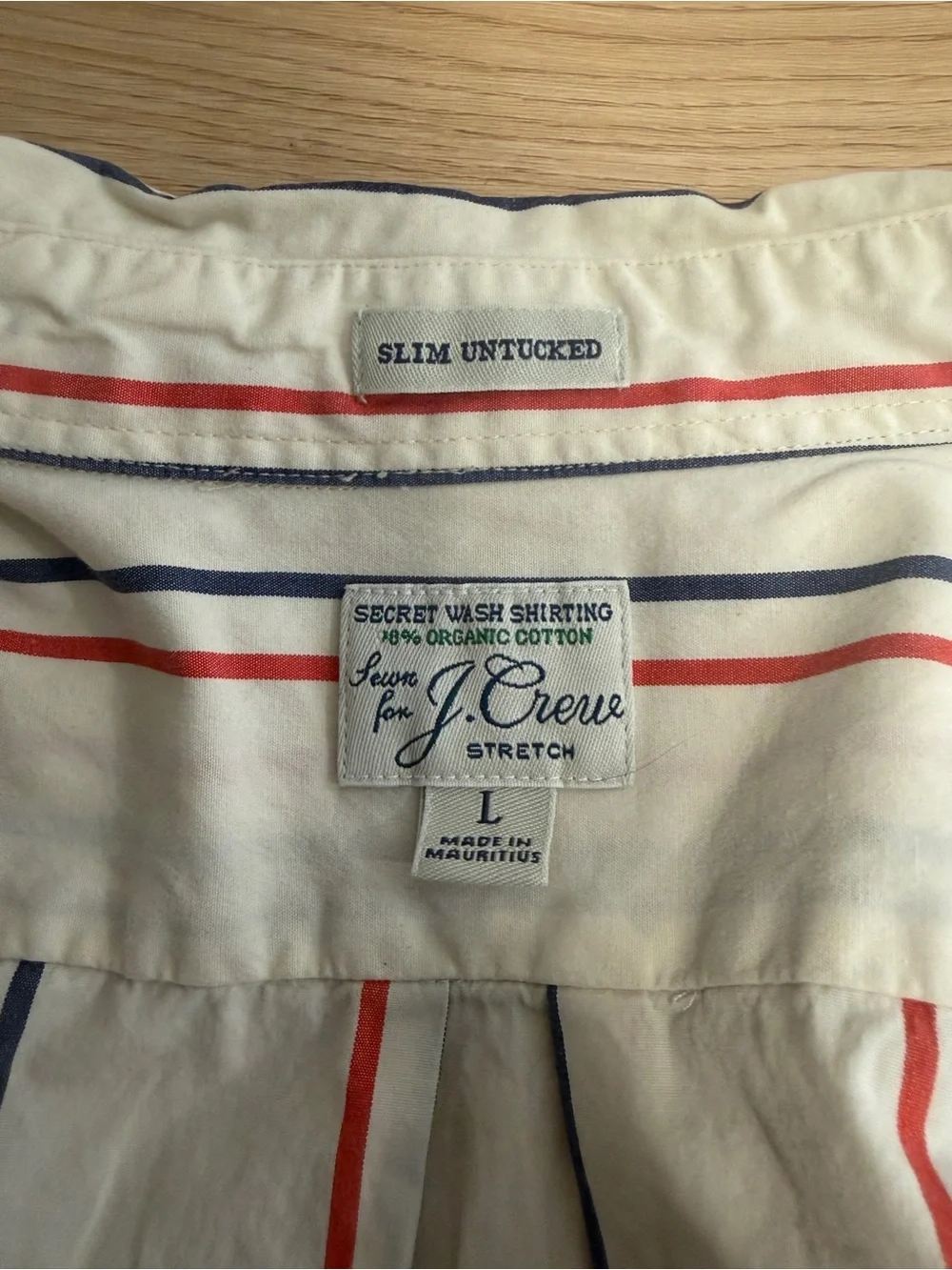 J. Crew Cream Short-Sleeve Button-Down Shirt with Red & Navy Stripes